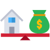 illustration of house and money bag sitting balanced on a scale